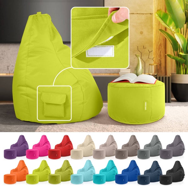 Green Bean 2er Set Sitzsack + Hocker - fertig befüllt - robust waschbar schmutzabweisend - Kinder & Erwachsene Bean Bag Bodenkissen Lounge Sitzhocker Relax-Sessel Gamer Gamingstuhl Pouf - Hellgrün