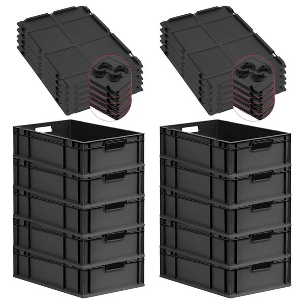 PROREGAL SparSet 10x Eurobox NextGen Grip mit Auflagedeckel inkl. 4 schwarzen Schiebeschnappverschlüssen, HxBxT 17x40x60cm, 34 Liter, Schwarz, Griffe offen, Eurobehälter, Transportbox, Transportbehälter, Stapelbehälter