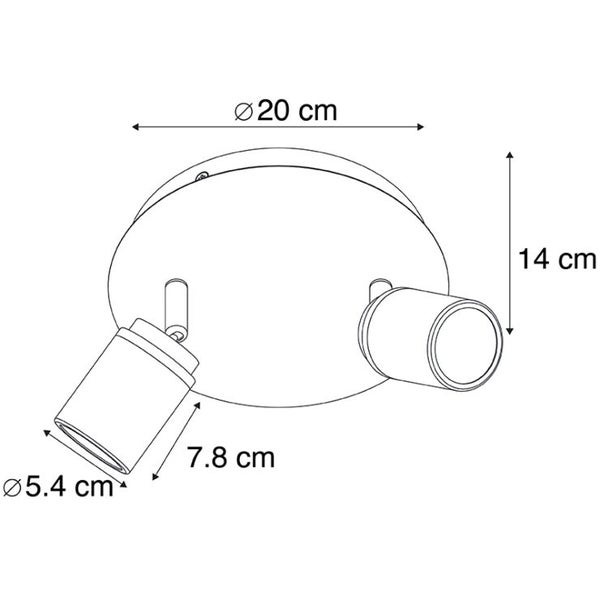 Technische Zeichnung einer Deckenleuchte mit zwei Strahlern und den Maßen: 20 Zentimeter Durchmesser der Deckenhalterung, 14 Zentimeter Höhe, 5,4 Zentimeter Durchmesser der Strahler und 7,8 Zentimeter Länge der Strahler.