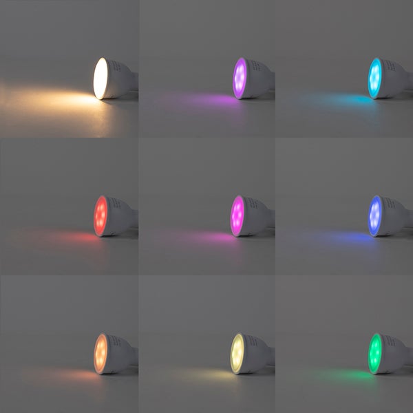 GU10 LED Leuchtmittel mit Farbwechselfunktion in neun verschiedenen Lichtfarben dargestellt.