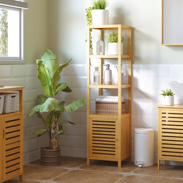 HOMCOM Badezimmerschrank schmal, Hochschrank Toilettenschrank mit 3 offenen Fächern, Badschrank Bambus für kleine Räume, Wohnzimmer, Badezimmer 36 x 33 x 140 cm Natur