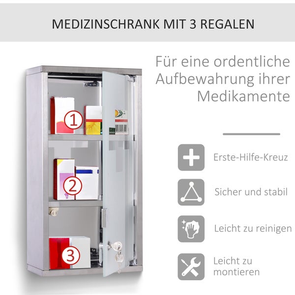 HOMCOM Medizinschrank Arzneischrank abschließbarer Apothekerschrank Erste-Hilfe-Schrank mit 3 Fächer Wandschrank Edelstahl Silber 25 x 12 x 48 cm