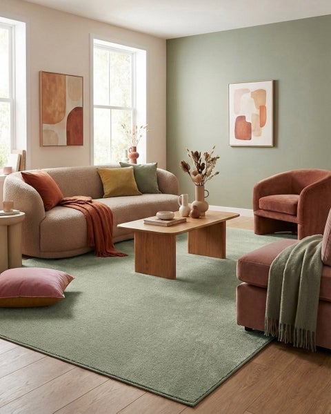 Modernes helles Wohnzimmer mit grünem Teppich, beigem Polstersofa, Holztisch, Sessel und Wandbildern im skandinavischen Stil.