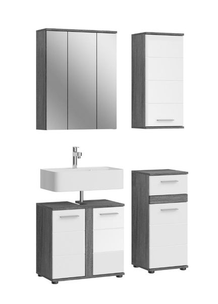 Badezimmer-Möbelset 4-teilig mit Spiegelschrank, Hängeschrank, Waschbecken mit Unterschrank und Beistellschrank.