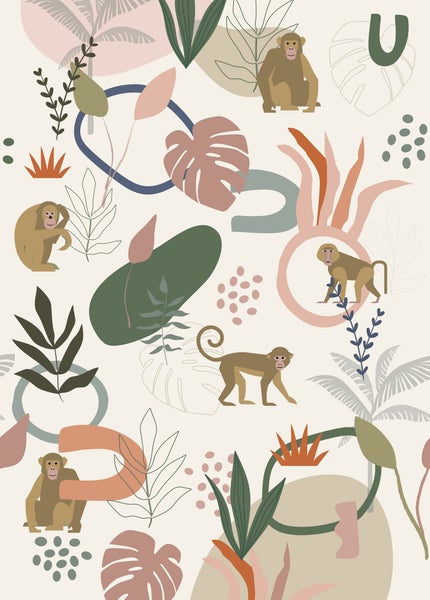 Illustration mit Affen und Pflanzenmotiven