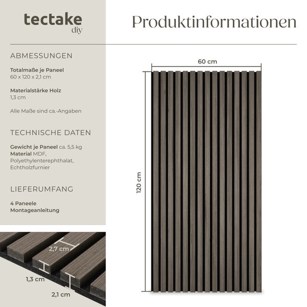 Akustikpaneele tectake Sonic Wall je 60 x 120 x 2,1 cm, Größe flexibel anpassbar Holzoptik in Eiche grau Eiche grau