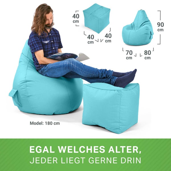 Green Bean 2er Set Sitzsack + Hocker - fertig befüllt - robust waschbar schmutzabweisend - Kinder & Erwachsene Bean Bag Bodenkissen Lounge Sitzhocker Relax-Sessel Gamer Gamingstuhl Pouf - Aquamarin