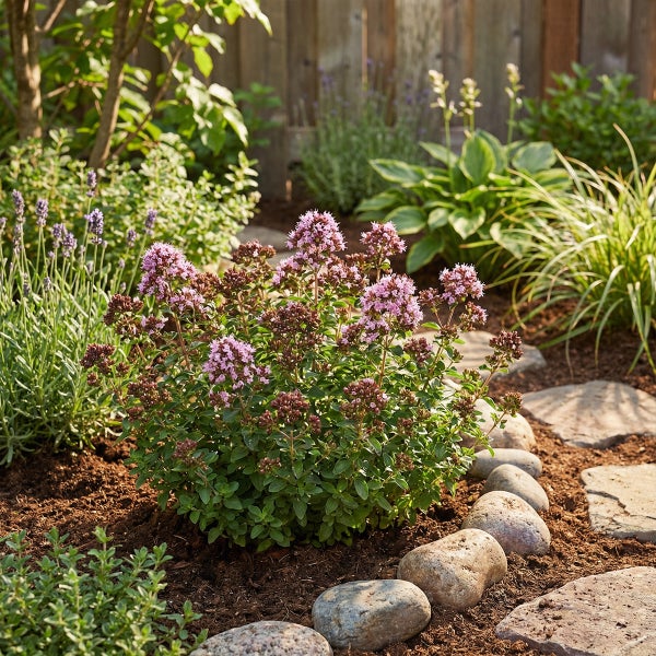 Blühende Oregano Pflanze in einem hellen Gartenbeet mit Rindenmulch, Steinumrandung und Trittsteinen, umgeben von Lavendel.