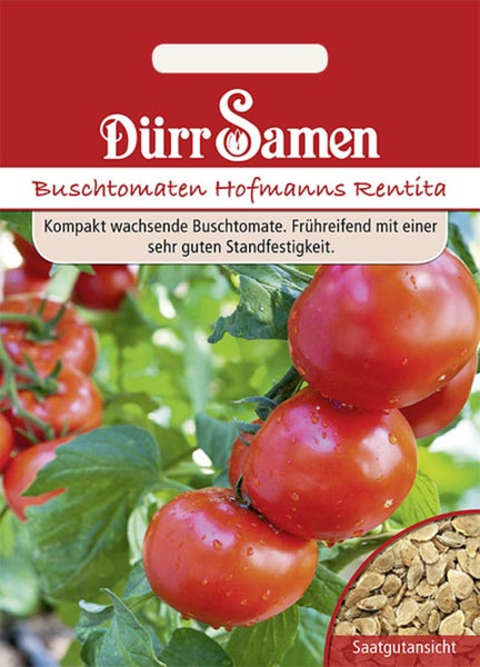 Dürr Samen Samentüte Buschtomaten Hofmanns Rentita mit Abbildung von Tomaten an der Pflanze und einer Detailansicht der Samen.