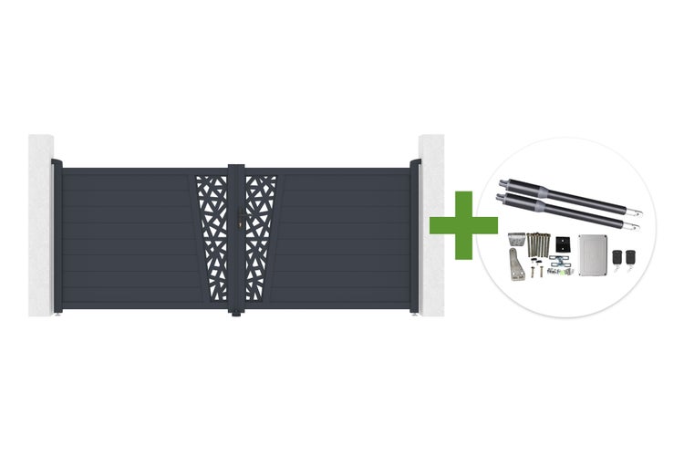 Zweiflügeliges Einfahrtstor aus Aluminium in Anthrazit mit dekorativem Mittelteil und elektrischem Drehtorantrieb-Set.