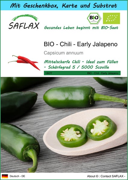 SAFLAX Geschenk Set - BIO - Chili - Early Jalapeno - Capsicum annuum - 20 Samen - Mit Geschenkbox, Versandaufkleber, Geschenkkarte und Anzuchtsubstrat