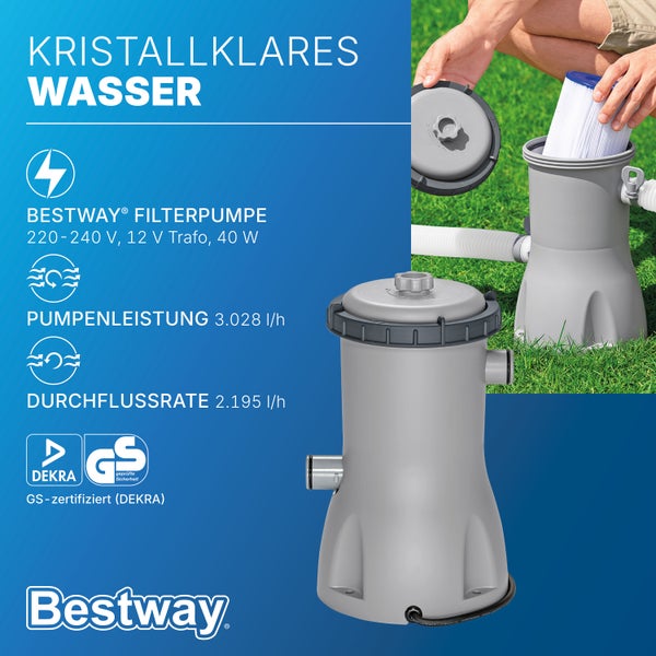 Bestway Filterpumpe für Pools, Leistung 3028 Liter pro Stunde, Durchfluss 2195 Liter pro Stunde, GS-zertifiziert, Bestway Logo, Dekra Logo.