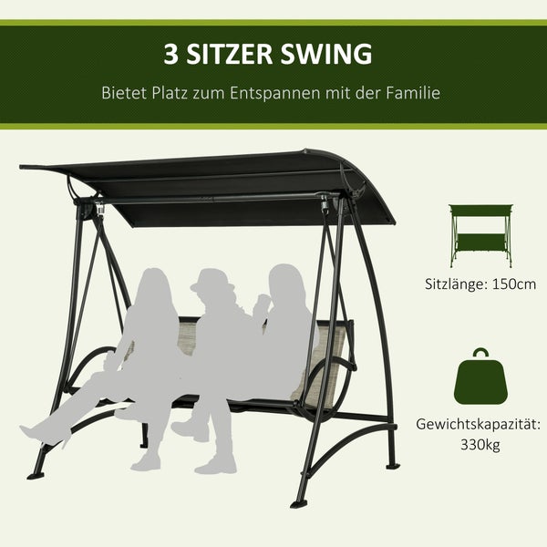 Outsunny Hollywoodschaukel, 3-Sitzer Gartenschaukel mit Verstellbarem Sonnendach, UV-Schutz, bis 330 kg Belastbar, Terrasse, Texteline, Schwarz