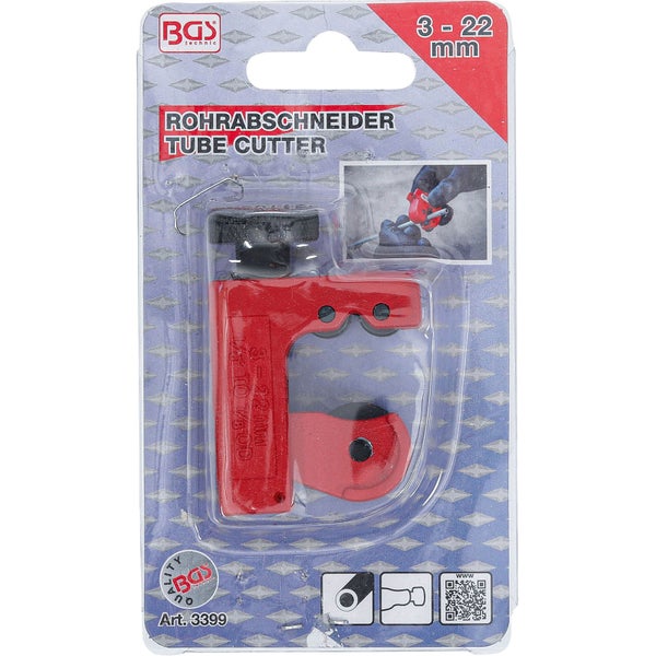 Rohrabschneider von BGS technic in Blisterverpackung, geeignet für Rohrdurchmesser von 3 bis 22 Millimeter.