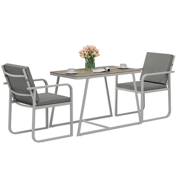 Outsunny Sitzgruppe 3-teilig Essgruppe für 2 Personen Esstisch mit 4 Stühlen Sitzkissen Esszimmergruppe mit Glastisch Küchentisch-Set Balkonmöbel Gartenmöbel für Terrasse, Balkon Esszimmer Hellgrau
