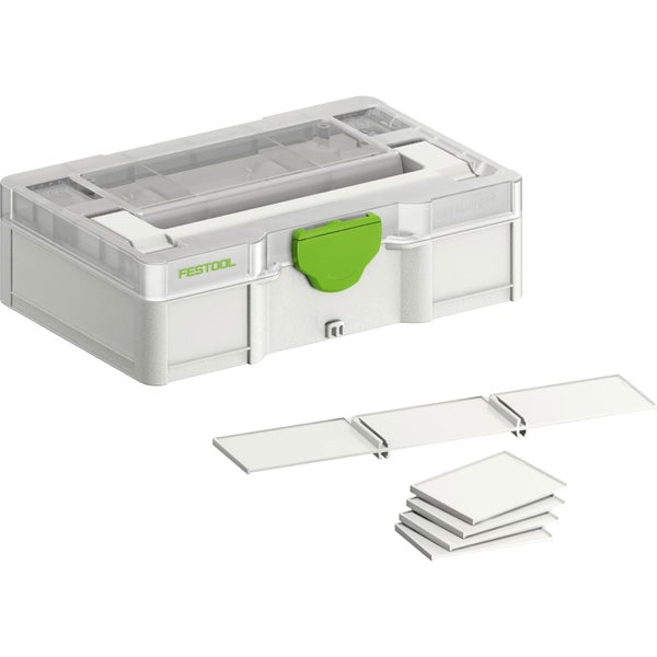 Festool Systainer Organizer aus Kunststoff mit transparentem Deckel, grünem Verschluss und weißen Trennelementen.