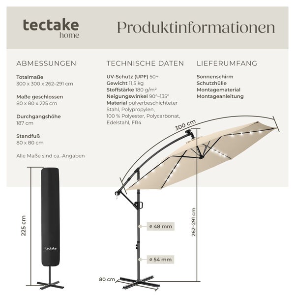 Produktdatenblatt für tectake home Ampelschirm mit LED-Beleuchtung, Maße 300 mal 300 Zentimeter, technische Daten und Abmessungen.