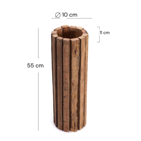 Zylindrische Holzvase aus vertikalen Holzlatten, Höhe 55 Zentimeter, Durchmesser 10 Zentimeter und 11 Zentimeter.