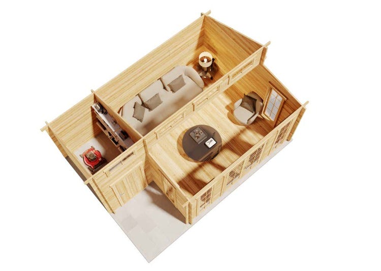 Grundriss eines Gartenhauses mit Wohnbereich, Terrasse und Geräteschuppen