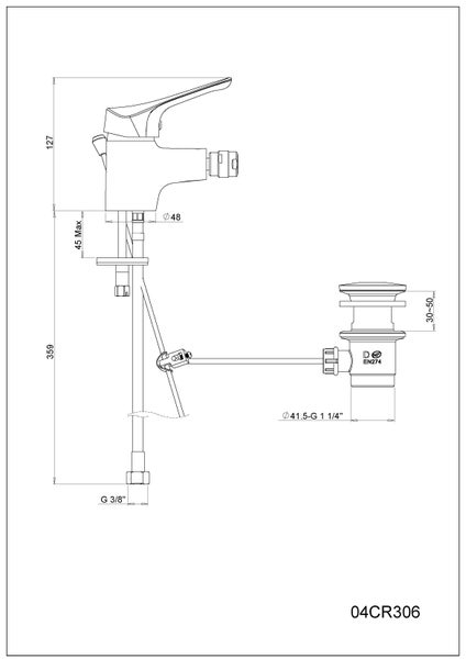 Zeichnung eines Wasserhahns mit den zugehörigen Maßen