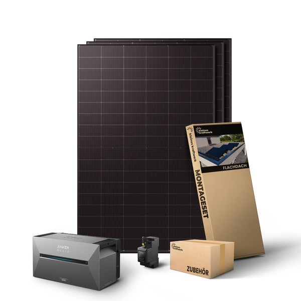 Balkonkraftwerk Komplettset: vier Solarmodule, Anker Solix Speicher, Montageset für Flachdächer und Zubehör.