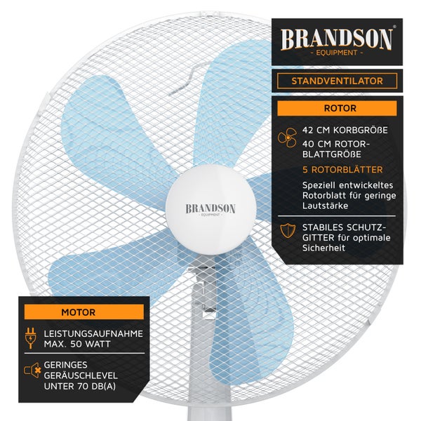 Brandson Standventilator 50W, Standlüfter 40 cm, Ventilator höhenverstellbar, Neigungswinkel 30° verstellbar, hoher Luftdurchsatz