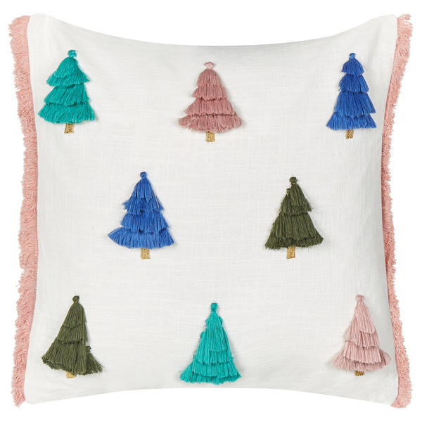 Quadratisches Dekokissen mit Quasten und aufgestickten Tannenbaum Motiven für die Weihnachtsdekoration