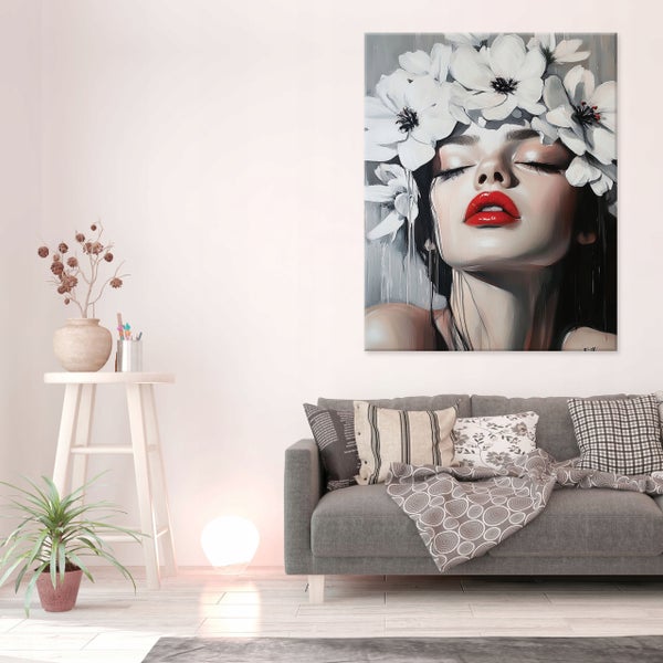 Leinwandbild Frau Blumen Lippen Bilder Wohnzimmer Schlafzimmer 60x40 cm