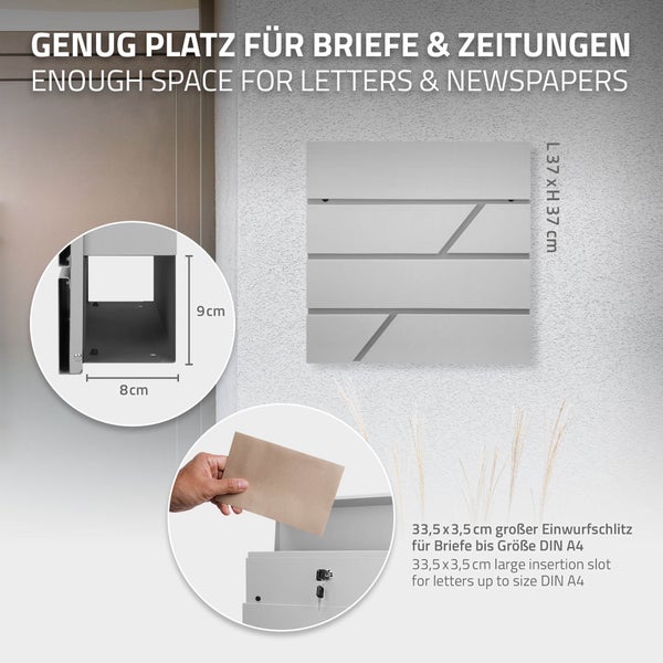 ECD Germany Standbriefkasten mit Zeitungsfach, Briefkasten mit Pfosten, Standfuß freistehend, Briefkastenanlage Briefkastenständer Silber Edelstahl, Postkasten Hellgrau Edelstahl pulverbeschichtet