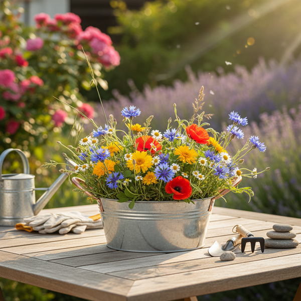 Wildblumenstrauß in einer Metallschale auf einem Gartentisch aus Holz, mit Gießkanne, Handschuhen und Gartenwerkzeug in einem sonnigen Garten.