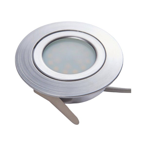 Runder LED-Einbaustrahler aus gebürstetem Edelstahl mit matter Glasabdeckung und Montagefedern.