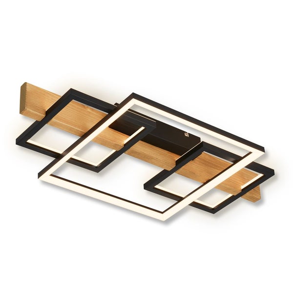 Briloner Cadre LED Deckenlampe, Indirektes Licht, 3 Stufen Schaltung, Holzdekor, Warmweißes Licht, Schwarz-Holz, 55 x 30 x 8 cm