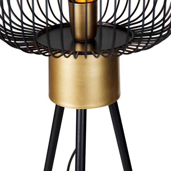 Tischleuchte mit Drahtschirm und Dreibeingestell