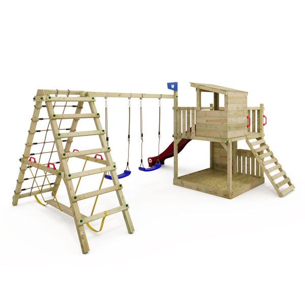WICKEY Spielturm Klettergerüst Smart Nest mit Schaukel und Rutsche, Sandkasten, Surfswing mit Kletteranbau, Kletterwand und Spiel-Zubehör – rot