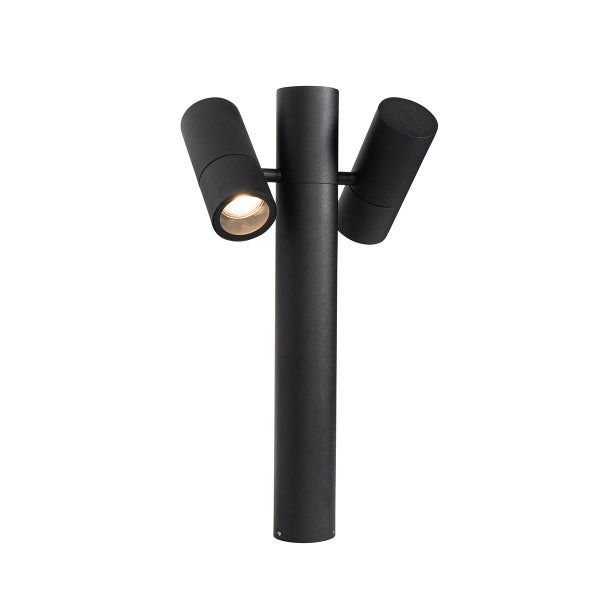 Schwarze Wegeleuchte mit zwei verstellbaren Strahlern für den Außenbereich.