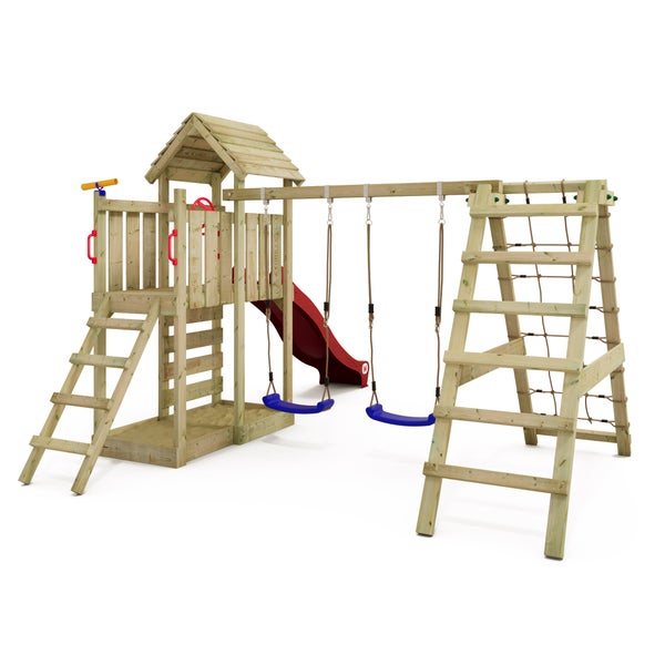 WICKEY Spielturm Klettergerüst RocketFlyer mit Schaukel und Rutsche, Kletterturm mit Sandkasten, Kletteranbau und Spiel-Zubehör - rot