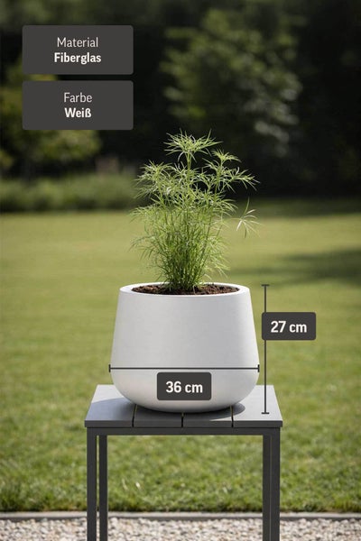 Weißer Pflanztopf aus Fiberglas, 27 Zentimeter hoch und 36 Zentimeter breit, auf einem Tisch im Freien mit einer grünen Pflanze.