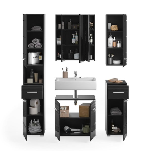 Schwarzes Badezimmermöbel-Set bestehend aus Hochschrank, Waschbeckenunterschrank mit Waschbecken, Spiegelschrank und weiteren Beistellschränken.
