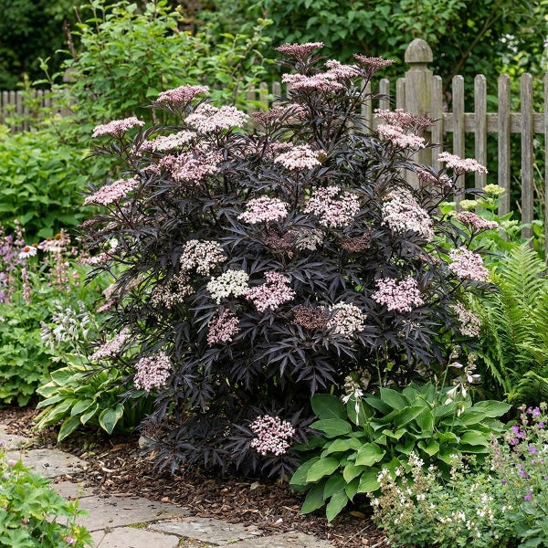 Schwarzer Holunder Sambucus nigra Black Lace mit dunklem farnartigem Laub und rosa Blüten im Garten