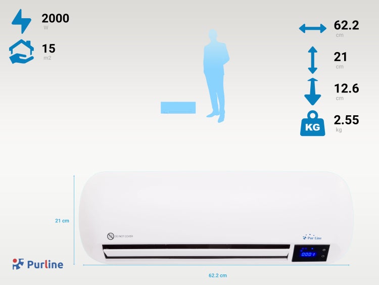 Purline Heizgerät Produktdetails: 2000 Watt Leistung, geeignet für Räume bis 15 Quadratmeter, Abmessungen 62,2 x 21 x 12,6 cm, Gewicht 2,55 kg, Warnhinweis 'Nicht abdecken', Purline Logo