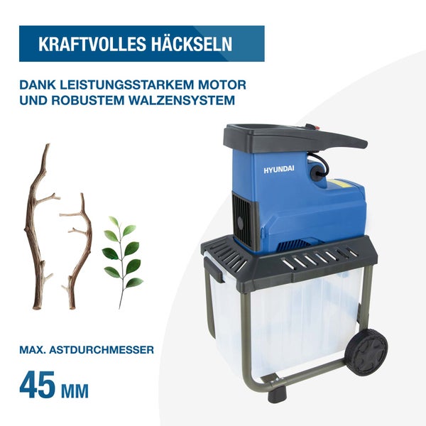 Hyundai Walzenhäcksler mit transparentem Fangkorb, geeignet für Äste mit einem maximalen Durchmesser von 45 Millimetern.