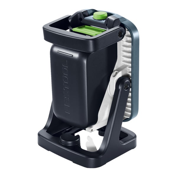 Kompakte Festool LED-Arbeitsleuchte mit verstellbarem Standfuß und robustem Kunststoffgehäuse.