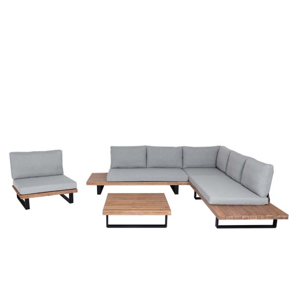 Modernes Garten-Lounge-Set bestehend aus Ecksofa, Sessel und Couchtisch mit Holzgestell, Metallbeinen und Polstern.
