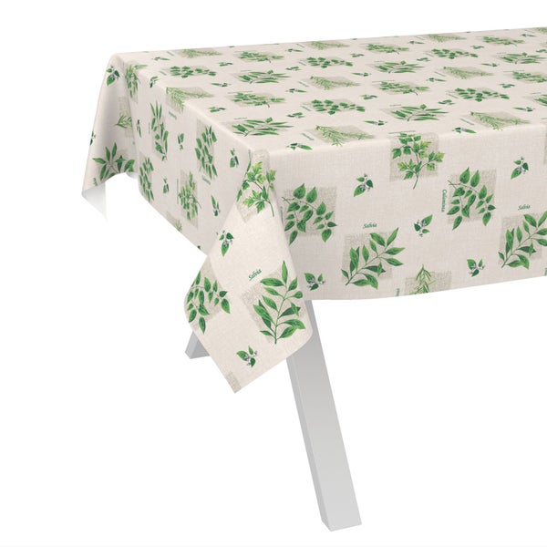 Abwaschbare Wachstuchtischdecke mit Kräutermotiv, bedruckt mit Salbei und grünen Zweigen auf beigem Grund in Leinenoptik.