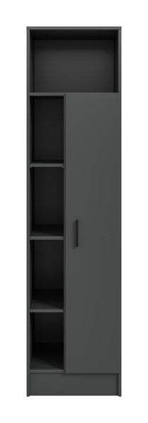 Hoher Badezimmerschrank in Anthrazit mit offenen Regalfächern und einer Tür mit schwarzem Griff.