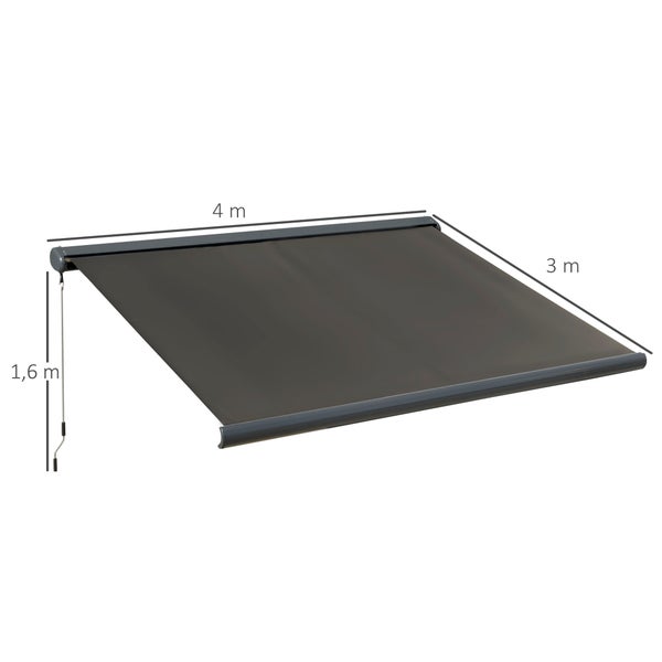 Outsunny Elektrische Markise mit Fernbedienung, Handkurbel Vollkassettenmarkise, 4x3m, Aluminium, Stahl, Polyester-Gewebe, Dunkelgrau