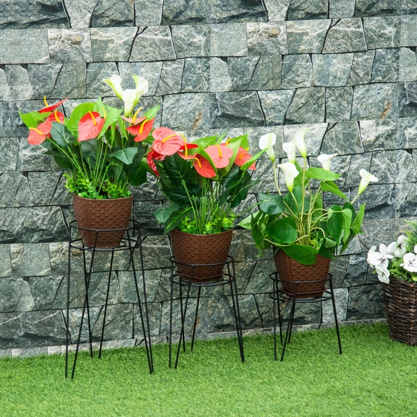 Outsunny Blumenständer 3er Set aus Metall Pflanzenständer Set Blumenhocker Blumentopfhalter Pflanzenhocker für Blumentopf bis Ø16 cm Schwarz
