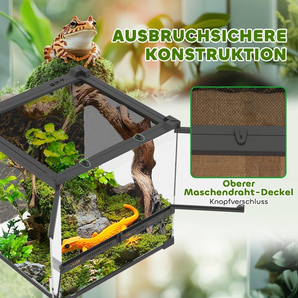 Terrarium mit ausbruchsicherer Konstruktion, oberem Maschendraht-Deckel und Knopfverschluss, abgebildet mit einem Gecko im Inneren.