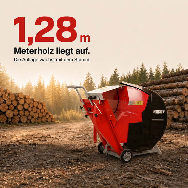 Hecht Logo auf einer Wippsäge im Wald mit einer verstellbaren Auflage für Meterholz bis 1,28 Meter.
