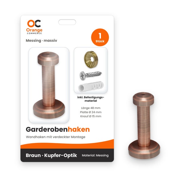 Massiver Garderobenhaken aus Messing in Kupferoptik, 48 mm Länge, inklusive Befestigungsmaterial zur Wandmontage.
